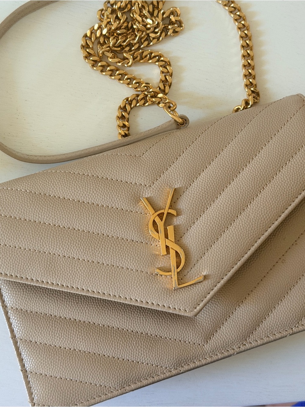 Saint Laurent Beige Quilted Chevron Leather Chain Crossbody